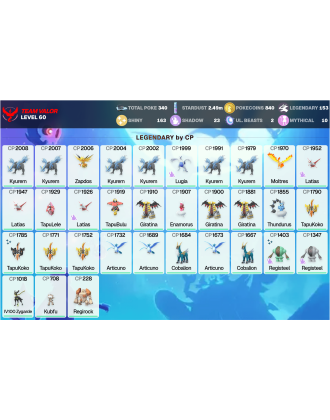 Legendary: 153 | Shiny: 163 | ShinyLegend: 8 [Level: 60 | Stardust: 2.49m | Team: Valor]