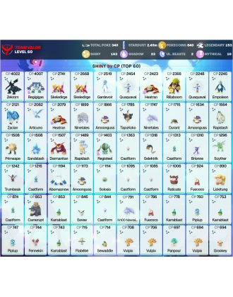 Legendary: 153 | Shiny: 163 | ShinyLegend: 8 [Level: 60 | Stardust: 2.49m | Team: Valor]