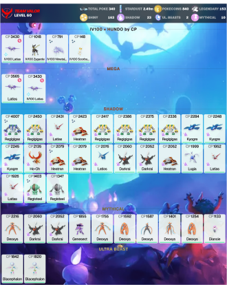 Legendary: 153 | Shiny: 163 | ShinyLegend: 8 [Level: 60 | Stardust: 2.49m | Team: Valor]