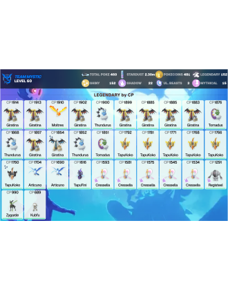Legendary: 152 | Shiny: 152 | ShinyLegend: 12 [Level: 60 | Stardust: 2.3m | Team: Mystic]