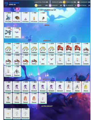 Legendary: 152 | Shiny: 152 | ShinyLegend: 12 [Level: 60 | Stardust: 2.3m | Team: Mystic]