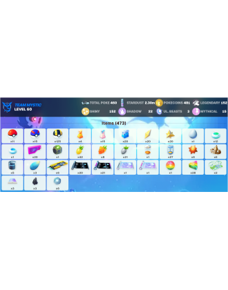 Legendary: 152 | Shiny: 152 | ShinyLegend: 12 [Level: 60 | Stardust: 2.3m | Team: Mystic]