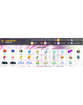 Legendary: 151 | Shiny: 181 | Hundo: 10 | ShinyLegend: 8 [Level: 60 | Stardust: 2.54m | Team: Instinct]