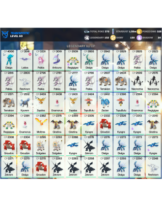 Legendary: 152 | Shiny: 150 | ShinyLegend: 6 [Level: 60 | Stardust: 1.56m | Team: Mystic]