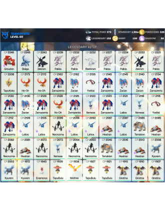 Legendary: 152 | Shiny: 150 | ShinyLegend: 6 [Level: 60 | Stardust: 1.56m | Team: Mystic]