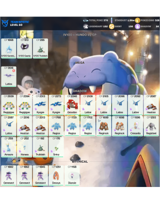 Legendary: 152 | Shiny: 150 | ShinyLegend: 6 [Level: 60 | Stardust: 1.56m | Team: Mystic]