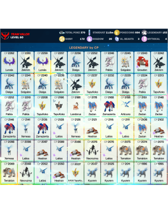 Legendary: 153 | Shiny: 172 | ShinyLegend: 5 [Level: 60 | Stardust: 2.15m | Team: Valor]