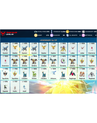 Legendary: 153 | Shiny: 172 | ShinyLegend: 5 [Level: 60 | Stardust: 2.15m | Team: Valor]