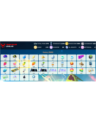 Legendary: 153 | Shiny: 172 | ShinyLegend: 5 [Level: 60 | Stardust: 2.15m | Team: Valor]