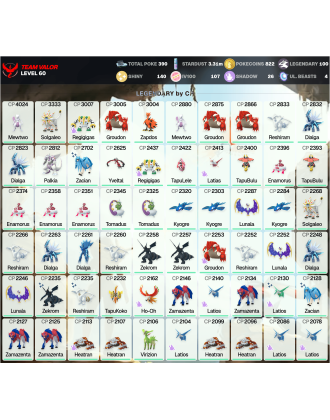 Legendary: 100 | Shiny: 140 | Hundo: 107 | ShinyLegend: 9 [Level: 60 | Stardust: 3.31m | Team: Valor]