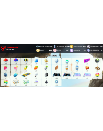 Legendary: 100 | Shiny: 140 | Hundo: 107 | ShinyLegend: 9 [Level: 60 | Stardust: 3.31m | Team: Valor]