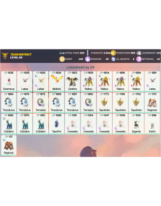 Legendary: 151 | Shiny: 166 | ShinyLegend: 8 [Level: 60 | Stardust: 2.44m | Team: Instinct]