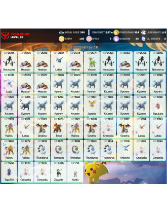 Legendary: 115 | Shiny: 105 | Hundo: 7 | ShinyLegend: 7 [Level: 60 | Stardust: 2.87m | Team: Valor]