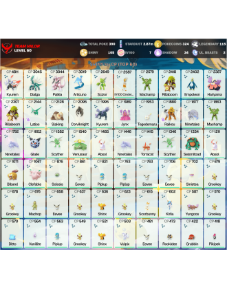 Legendary: 115 | Shiny: 105 | Hundo: 7 | ShinyLegend: 7 [Level: 60 | Stardust: 2.87m | Team: Valor]