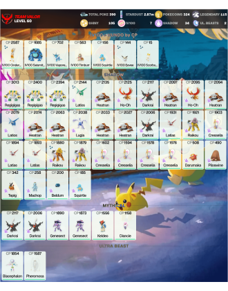 Legendary: 115 | Shiny: 105 | Hundo: 7 | ShinyLegend: 7 [Level: 60 | Stardust: 2.87m | Team: Valor]
