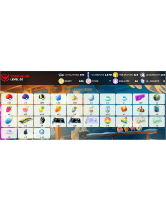 Legendary: 115 | Shiny: 105 | Hundo: 7 | ShinyLegend: 7 [Level: 60 | Stardust: 2.87m | Team: Valor]