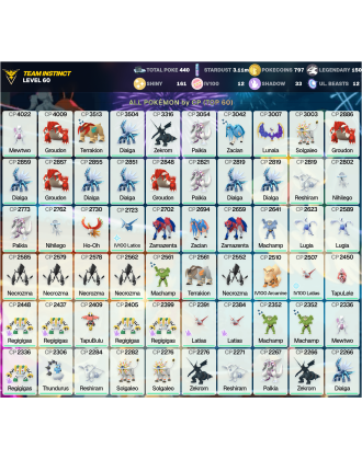 Legendary: 150 | Shiny: 161 | Hundo: 12 | ShinyLegend: 8 [Level: 60 | Stardust: 3.12m | Team: Instinct]