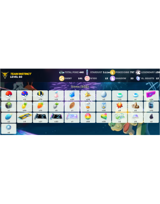 Legendary: 150 | Shiny: 161 | Hundo: 12 | ShinyLegend: 8 [Level: 60 | Stardust: 3.12m | Team: Instinct]