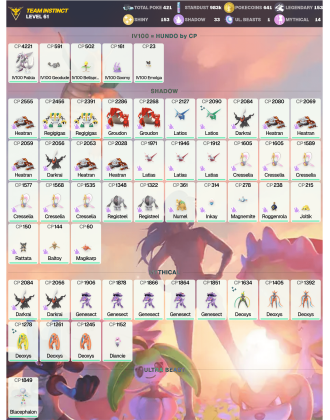 Legendary: 153 | Shiny: 153 | ShinyLegend: 3 [Level: 61 | Stardust: 983.2k | Team: Instinct]