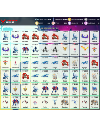 Legendary: 102 | Shiny: 102 | Hundo: 102 | ShinyLegend: 3 [Level: 50 | Stardust: 1.04m | Team: Valor]
