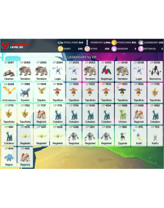 Legendary: 102 | Shiny: 102 | Hundo: 102 | ShinyLegend: 3 [Level: 50 | Stardust: 1.04m | Team: Valor]