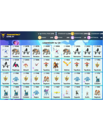 Legendary: 100 | Shiny: 102 | Hundo: 101 | ShinyLegend: 3 [Level: 51 | Stardust: 1.14m | Team: Instinct]