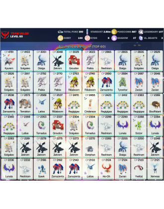 Legendary: 107 | Shiny: 100 | Hundo: 8 | ShinyLegend: 3 [Level: 60 | Stardust: 2.8m | Team: Valor]