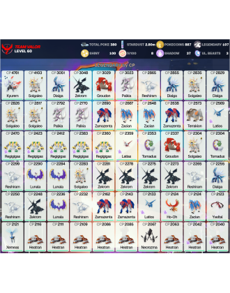 Legendary: 107 | Shiny: 100 | Hundo: 8 | ShinyLegend: 3 [Level: 60 | Stardust: 2.8m | Team: Valor]