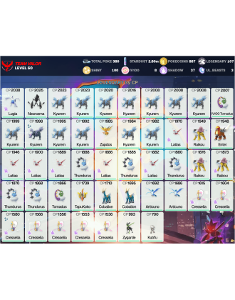 Legendary: 107 | Shiny: 100 | Hundo: 8 | ShinyLegend: 3 [Level: 60 | Stardust: 2.8m | Team: Valor]