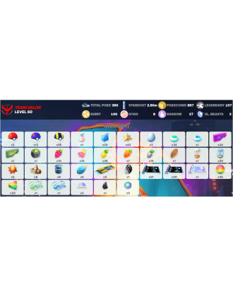Legendary: 107 | Shiny: 100 | Hundo: 8 | ShinyLegend: 3 [Level: 60 | Stardust: 2.8m | Team: Valor]