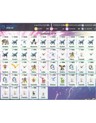 Legendary: 105 | Shiny: 106 | Hundo: 11 | ShinyLegend: 7 [Level: 60 | Stardust: 3.78m | Team: Mystic]