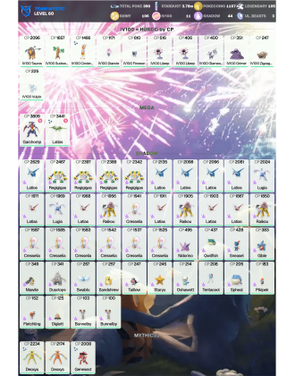 Legendary: 105 | Shiny: 106 | Hundo: 11 | ShinyLegend: 7 [Level: 60 | Stardust: 3.78m | Team: Mystic]