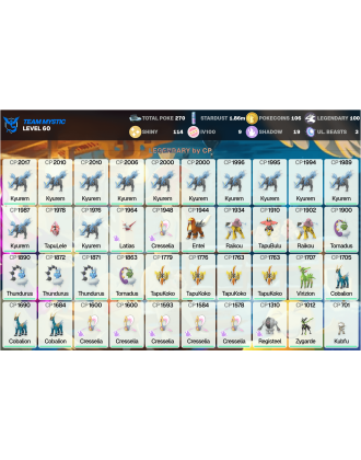 Legendary: 100 | Shiny: 114 | Hundo: 9 | ShinyLegend: 1 [Level: 60 | Stardust: 1.86m | Team: Mystic]