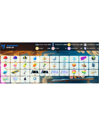 Legendary: 100 | Shiny: 114 | Hundo: 9 | ShinyLegend: 1 [Level: 60 | Stardust: 1.86m | Team: Mystic]