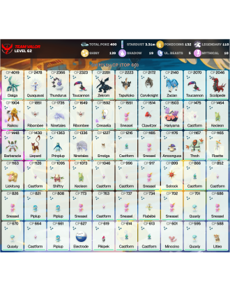 Legendary: 110 | Shiny: 139 | ShinyLegend: 7 [Level: 62 | Stardust: 3.31m | Team: Valor]