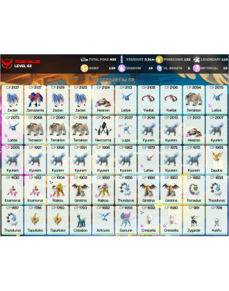 Legendary: 110 | Shiny: 139 | ShinyLegend: 7 [Level: 62 | Stardust: 3.31m | Team: Valor]