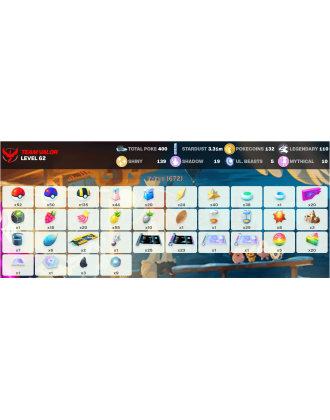 Legendary: 110 | Shiny: 139 | ShinyLegend: 7 [Level: 62 | Stardust: 3.31m | Team: Valor]