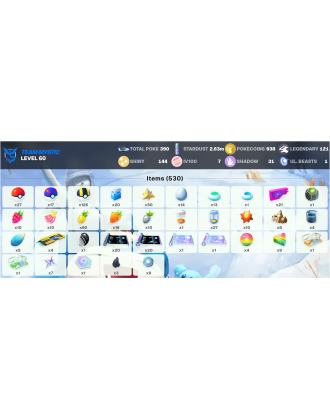 Legendary: 121 | Shiny: 144 | Hundo: 7 | ShinyLegend: 9 [Level: 60 | Stardust: 2.63m | Team: Mystic]