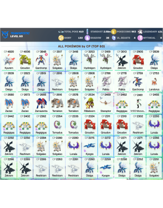 Legendary: 121 | Shiny: 122 | ShinyLegend: 6 [Level: 60 | Stardust: 2.58m | Team: Mystic]