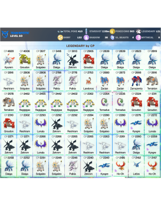 Legendary: 121 | Shiny: 122 | ShinyLegend: 6 [Level: 60 | Stardust: 2.58m | Team: Mystic]