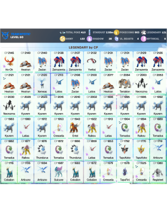 Legendary: 121 | Shiny: 122 | ShinyLegend: 6 [Level: 60 | Stardust: 2.58m | Team: Mystic]