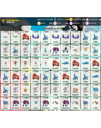 Legendary: 102 | Shiny: 103 | Hundo: 100 | ShinyLegend: 8 [Level: 50 | Stardust: 1.14m | Team: Instinct]