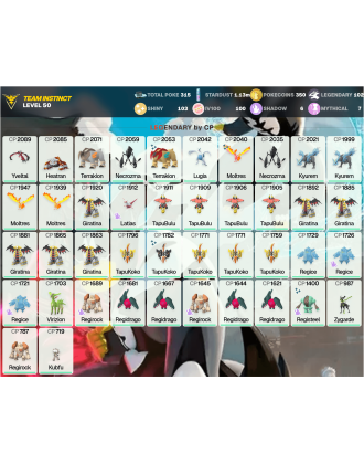 Legendary: 102 | Shiny: 103 | Hundo: 100 | ShinyLegend: 8 [Level: 50 | Stardust: 1.14m | Team: Instinct]