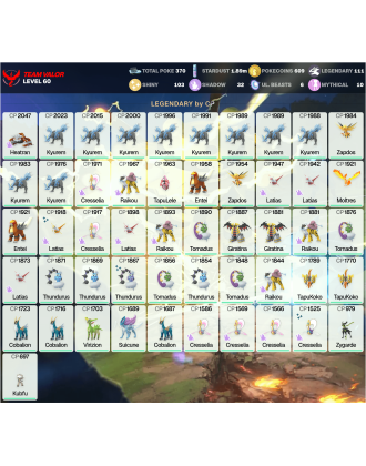 Legendary: 111 | Shiny: 103 | ShinyLegend: 7 [Level: 60 | Stardust: 1.9m | Team: Valor]