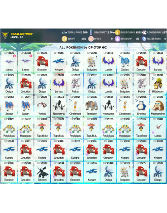 Legendary: 157 | Shiny: 151 | Hundo: 9 | ShinyLegend: 3 [Level: 60 | Stardust: 2.7m | Team: Instinct]
