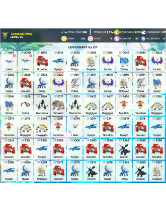 Legendary: 157 | Shiny: 151 | Hundo: 9 | ShinyLegend: 3 [Level: 60 | Stardust: 2.7m | Team: Instinct]