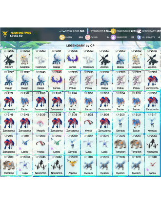 Legendary: 157 | Shiny: 151 | Hundo: 9 | ShinyLegend: 3 [Level: 60 | Stardust: 2.7m | Team: Instinct]