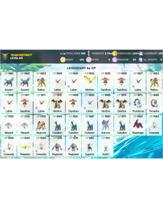 Legendary: 157 | Shiny: 151 | Hundo: 9 | ShinyLegend: 3 [Level: 60 | Stardust: 2.7m | Team: Instinct]