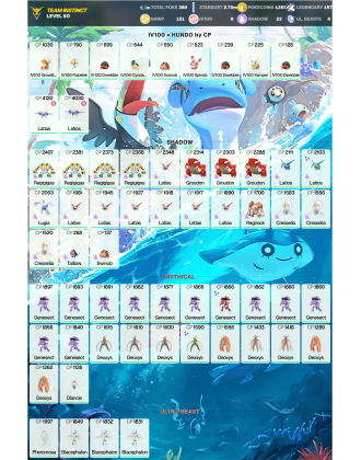 Legendary: 157 | Shiny: 151 | Hundo: 9 | ShinyLegend: 3 [Level: 60 | Stardust: 2.7m | Team: Instinct]
