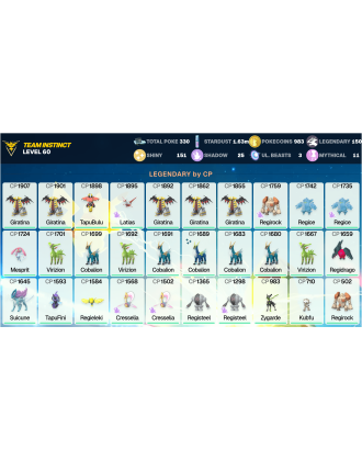 Legendary: 150 | Shiny: 151 | ShinyLegend: 11 [Level: 60 | Stardust: 1.64m | Team: Instinct]